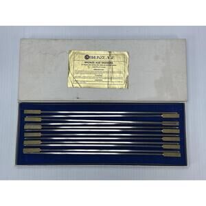 12 Vintage Bronze Age Stainless Steel Skewers Solid Brass Handles Original Box